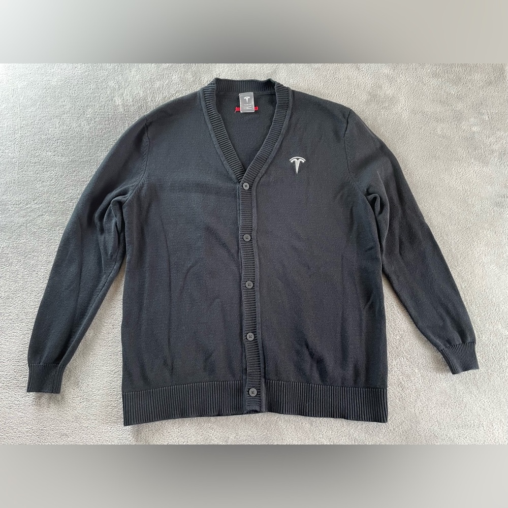 Tesla Cardigan Sweater Button Up Knit Embroidered Logo Mens XL Black Cotton